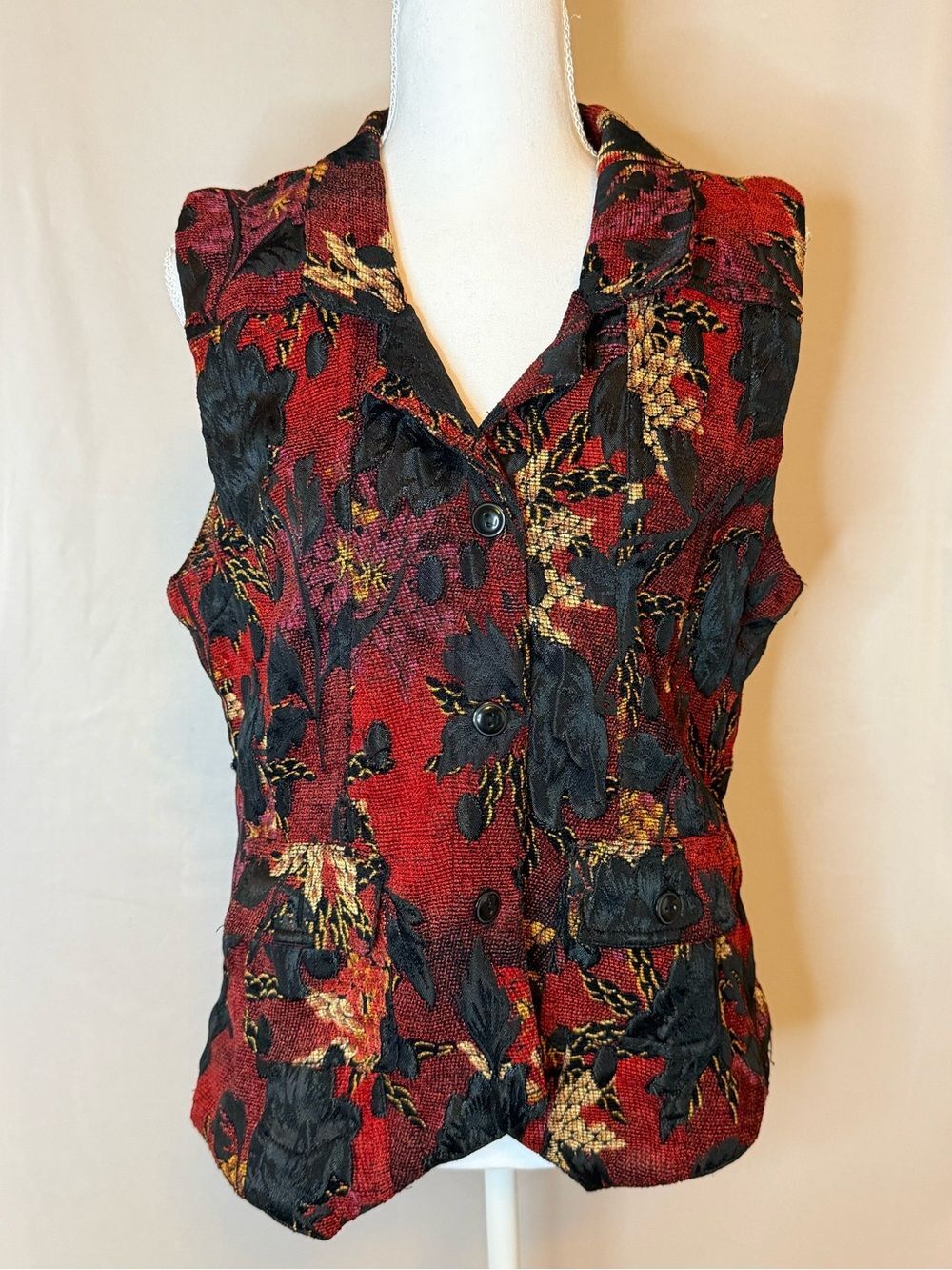 Christopher &Banks Sleeveless Floral Brocade Button-Front Vest Size Large